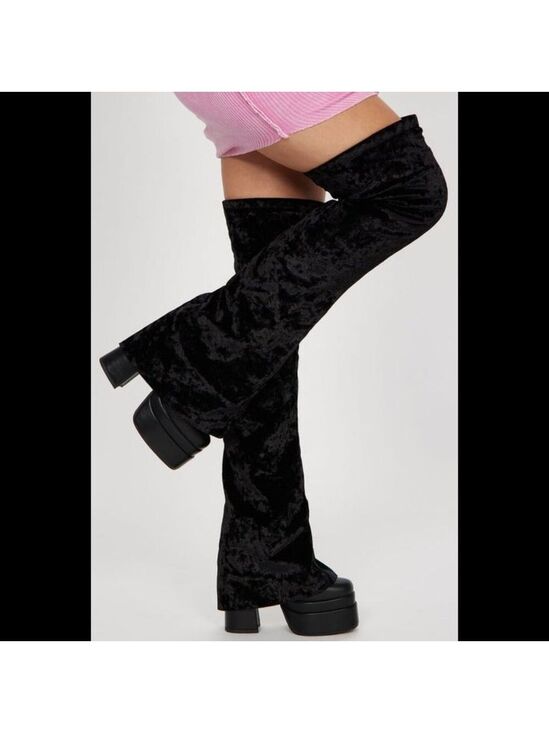 Mata Shoes Shoes - Unique Thigh High Black Velvet Fold over Skirted Chunky Heel Platform Boots